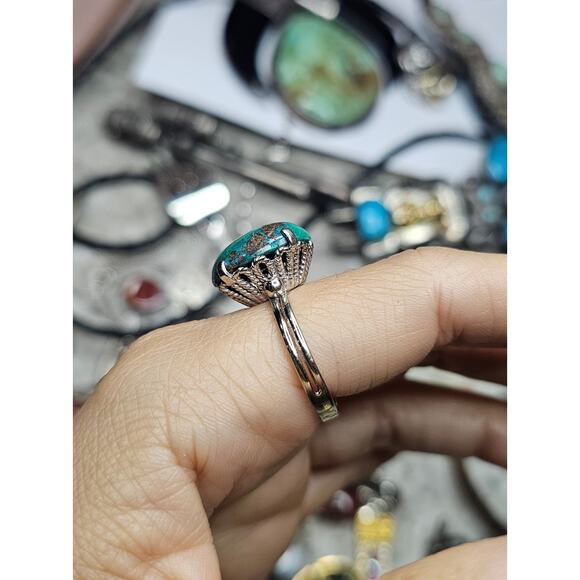 Vintage 14K White Gold Natural Turquoise Solitaire Ring Size 9.25 - Picture 4 of 5